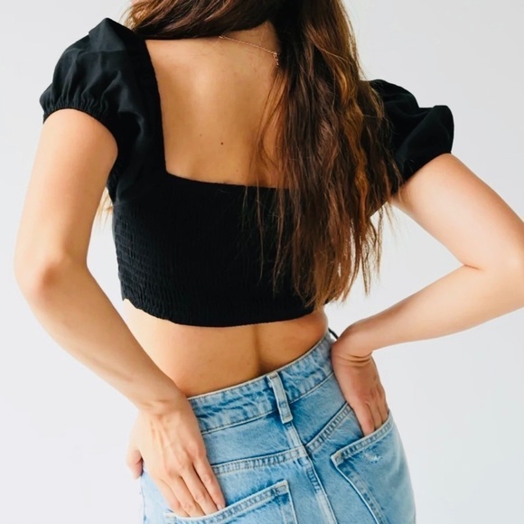 NEW! LINEN ELODIE Crop Top in black! Size XL Puff Sleeve Boho Summer - Picture 4 of 7